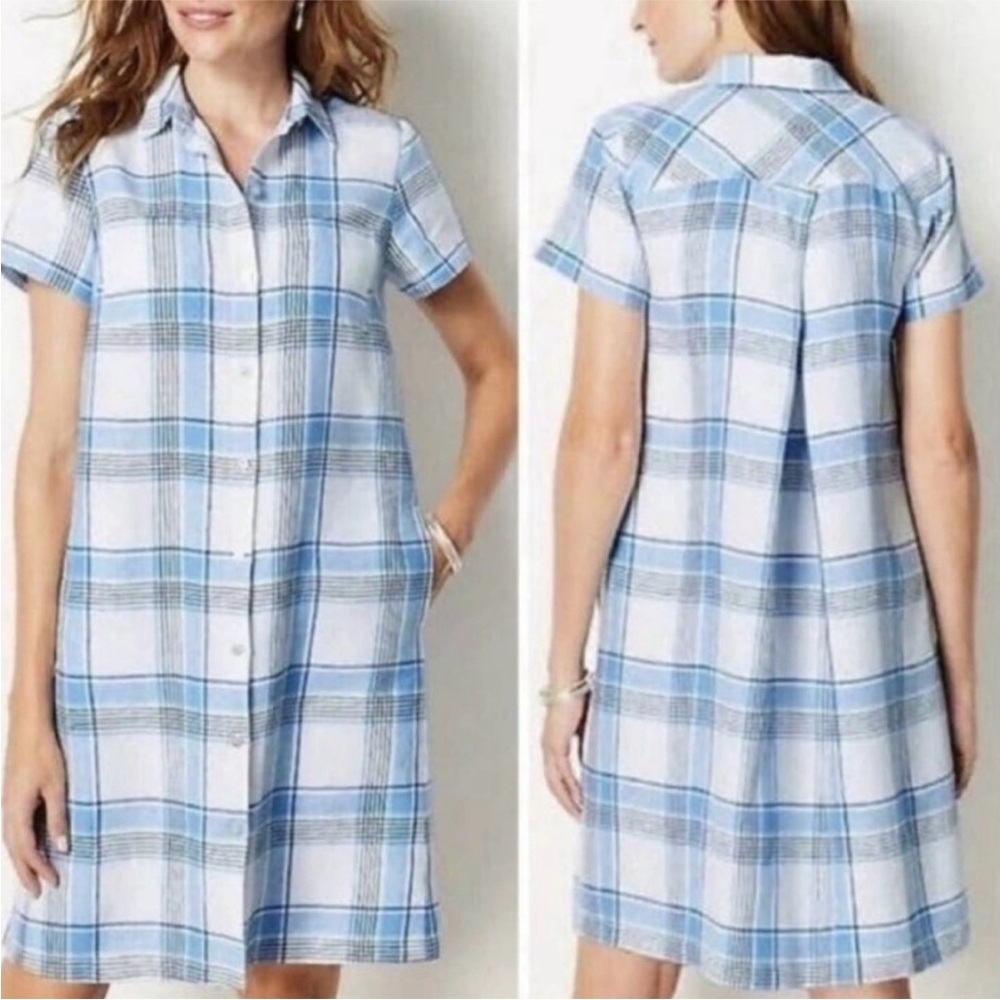 NWT J. Jill | Women’s Blue/White Plaid Button Down Short Sleeve Shirt Dress, XS